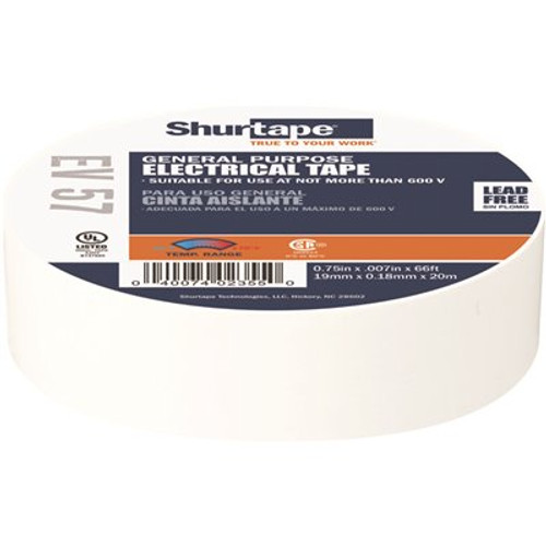 Shurtape EV 57 General Purpose Electrical Tape, UL Listed, WHITE, 7 mils, 3/4 in. x 66 ft. [1 Roll]