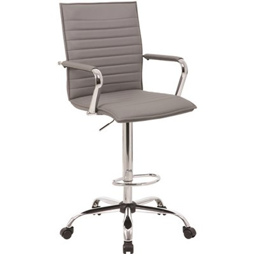 Grey Designer Style Counter Height Arm Chair Caressoft Vinyl Chrome Arms Footring and Base Pneumatic Lift