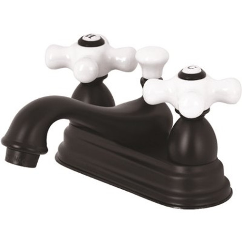 Kingston Brass Restoration Porcelain Cross 4 in. Centerset 2-Handle Bathroom Faucet in Matte Black