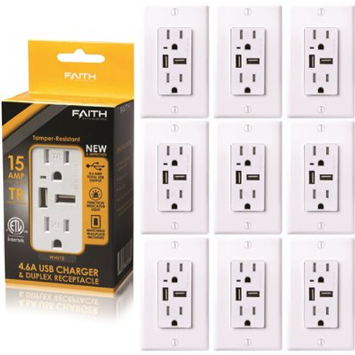 15 Amp Decorator Tamper-Resistant Duplex Outlet and 4.6 Amp USB Charger Receptacle, Wall Plate Included, White (10-Pack)