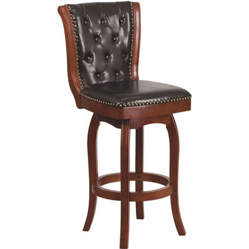 Carnegy Avenue 30 in. High Cherry Wood Bar Stool with Button Tufted Back and Black Leather Swivel Seat Carnegy Avenue 30 in. High Cherry Wood Bar Stool with Button Tufted Back and Black Leather Swivel Seat