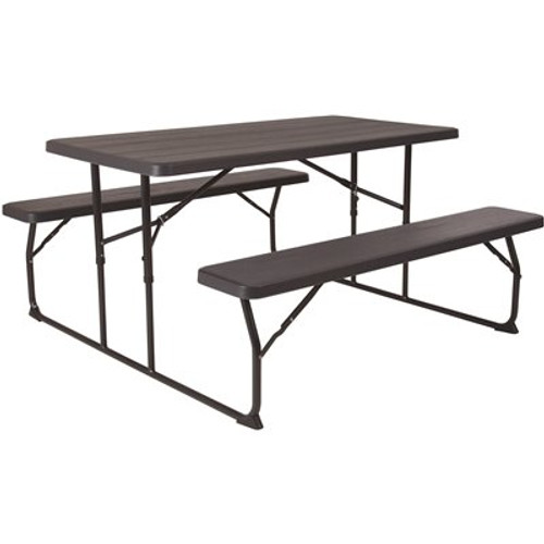 58.25 in. Charcoal Plastic Tabletop Plastic Seat Folding Table and Bench Set