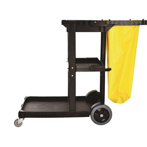 Alpine Industries 3-Shelf Janitorial Platform Cleaning PVC Cart with Yellow Vinyl Bag