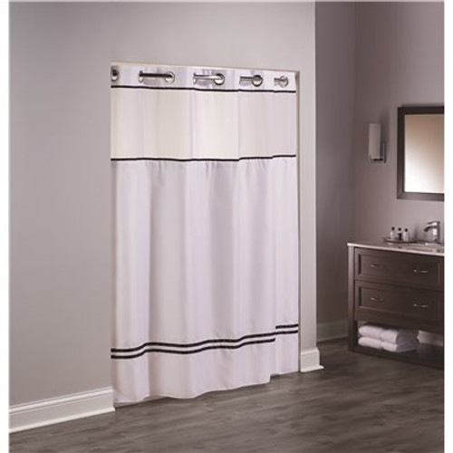 Hookless Escape 77 in. L Shower Curtain with Sheer Window and Snap Liner White with Black Accents (Case of 12)