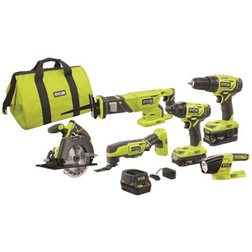 RYOBI ONE+ 18V Lithium-Ion Cordless 6-Tool Combo Kit with (2) Batteries, Charger, and Bag