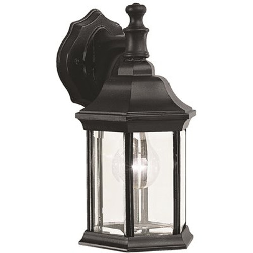 1-Light Small Textured Black Outdoor Wall Lantern Sconce with Clear Beveled Glass Panels