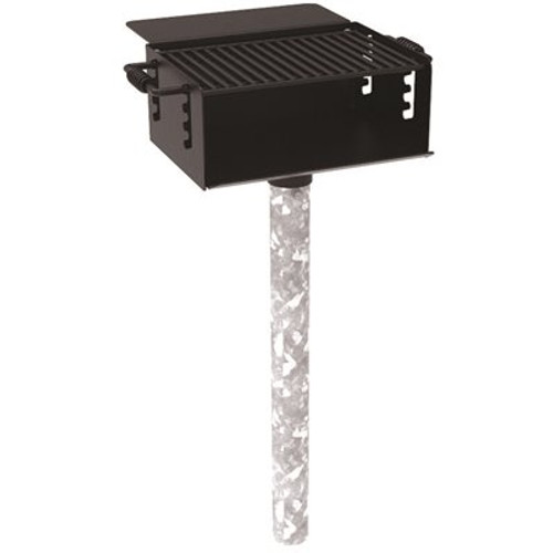 280 sq. in. Rotating Commercial Pedestal Grill with Utility Shelf with In-Ground Mount Post in Black