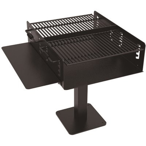 1008 sq. in. Bi-Level Commercial Group Pedestal Grill with Utility Shelf with In-Ground Mount Post in Black