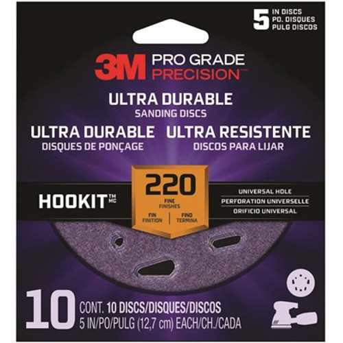 3M Pro Grade Precision 5 in. 220-Grit Ultra Durable Universal Hole Sanding Disc (10-Discs/Pack)