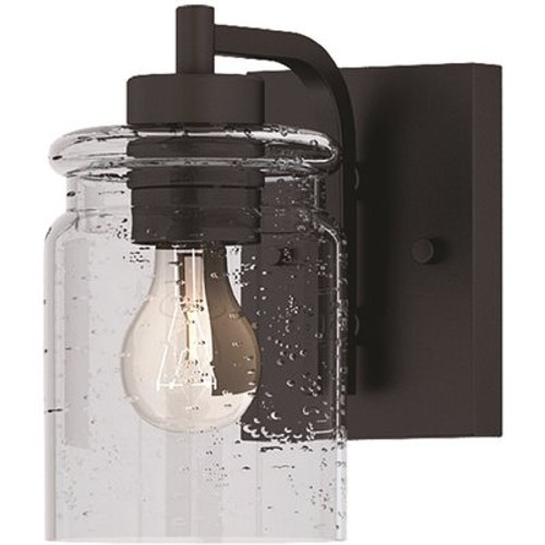 Globe Electric Crowe 1-Light Outdoor Wall Sconce, Matte Black, Seeded Glass Shade
