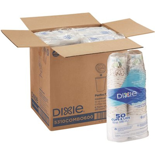 DIXIE PERFECTOUCH 10 oz. White Insulated Disposable Hot Cup and Lid Set Cups and Large Lids, Coffee Haze