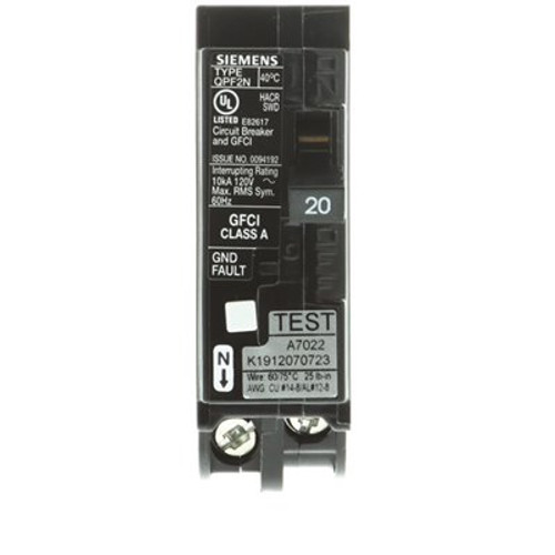 Siemens 20 Amp 1-Pole QPF2N GFCI 10kA Breaker Siemens 20 Amp 1-Pole QPF2N GFCI 10kA Breaker