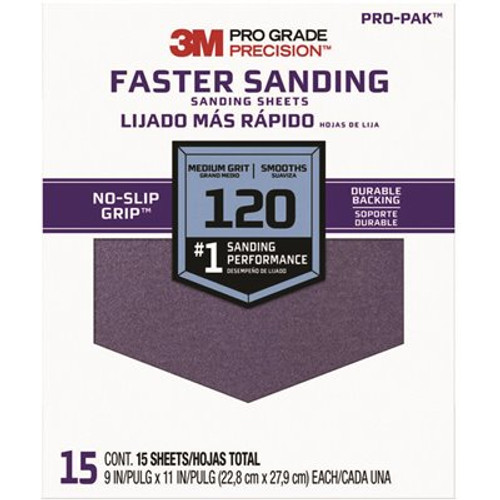 3M Pro Grade Precision 9 in. x 11 in. 120 Grit Medium Faster Sanding Sheets (15-Pack) 3M Pro Grade Precision 9 in. x 11 in. 120 Grit Medium Faster Sanding Sheets (15-Pack)
