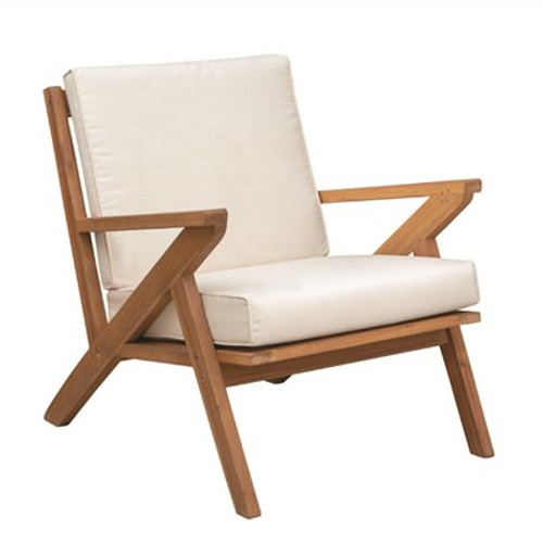 Patio Sense Oslo Stationary Solid Wood Outdoor Lounge Chair with Beige Cushion