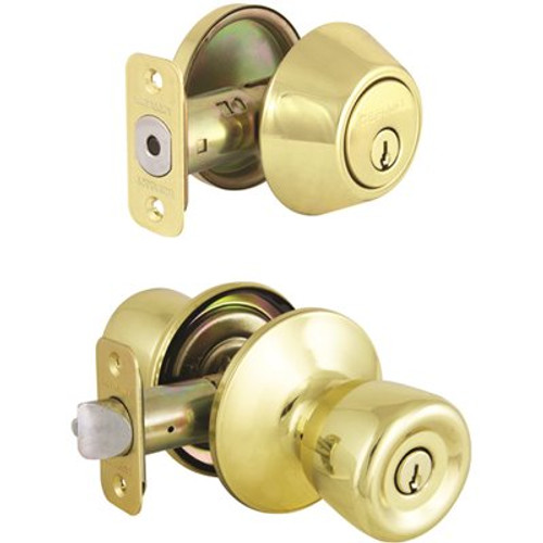 Defiant Waterbury Polished Brass Keyed Entry Knob and Single Cylinder Deadbolt Combo Pack with a KW1 Keyway Master Pinned