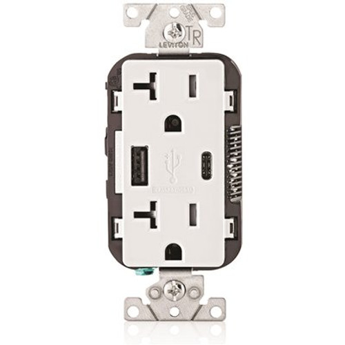 Leviton 20 Amp Tamper Resistant Duplex Outlet with Type A and Type-C USB Chargers, White