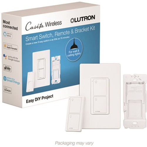 Lutron Caseta Smart Switch Kit (3 Way, 2 Points of Control) with Pico Remote, Wallplate and Bracket, White