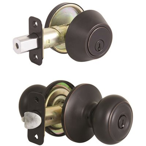 Defiant Hartford Aged Bronze Keyed Entry Door Knob and Single Cylinder Deadbolt Combo Pack with KW1 Keyway Keyed Differently