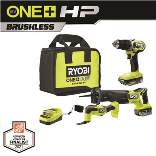 RYOBI ONE+ HP 18V Brushless Cordless Combo Kit (3-Tool) with (2) HIGH PERFORMANCE Batteries, Charger, and Bag