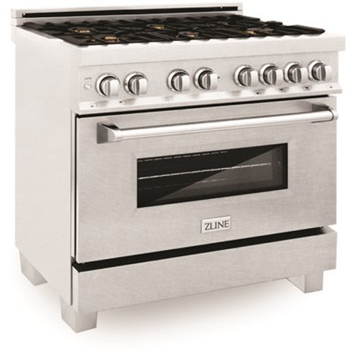 36" Professional 4.6 cu. ft. 6 Dual Fuel Range in DuraSnow Stainless Steel with Brass Burners (RAS-SN-BR-36)
