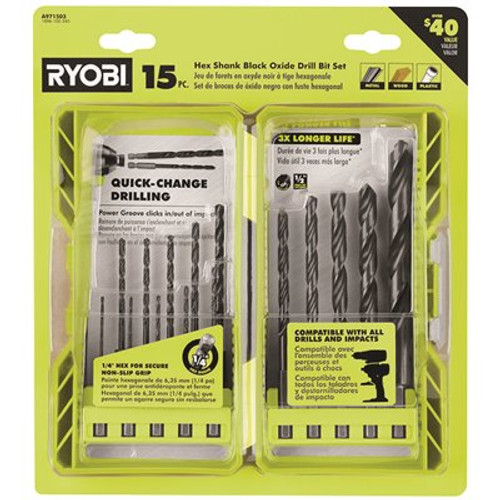 RYOBI Black Oxide Hex Shank Drill Bit Set (15-Piece)