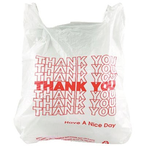 Prime Source T-Sack 1/6 12 mic 11.5 in. x 6.5 in. x 21 in. White Thank You Bag with red lettering (1000 per case)