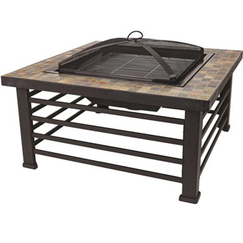 Pleasant Hearth Cascade Slate Top 34 in. Wx22.5 in. H Square Steel Wood Black Fire Pit