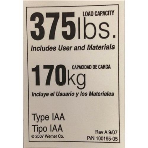 WERNER Replacement Duty Rating Label 375 lbs.