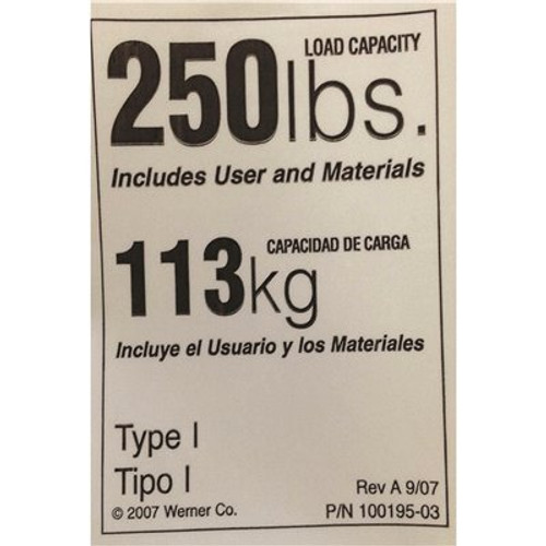 WERNER Replacement Duty Rating Label 250 lbs.