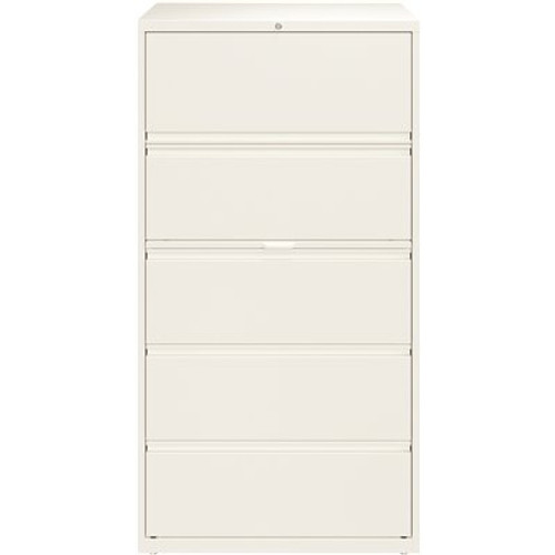 Hirsh HL10000 White 36 in. Wide 5-Drawer Lateral File Cabinet with Posting Shelf and Roll-Out Binder Storage