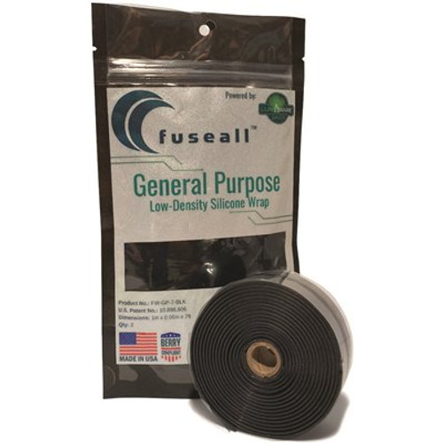Fuseall Powered by LumAware Wrap Tape 1"x 7' Black General Purpose Self-Fusing Silicone Wrap, Stretch and Seal(2pk)