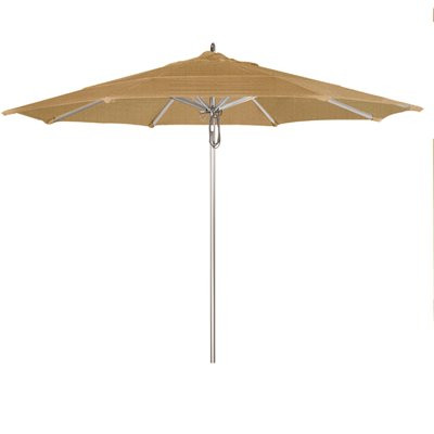 California Umbrella 11 ft. Silver Aluminum Commercial Market Patio Umbrella with Pulley Lift in Linen Sesame Sunbrella