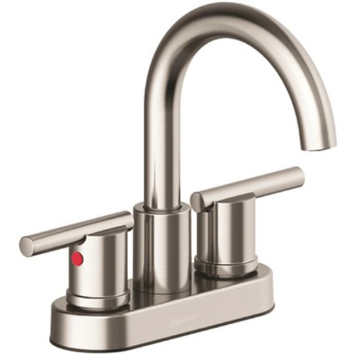 Seasons Westwind 4 in. Centerset Double-Handle High-Arc Bathroom Faucet in Brushed Nickel with Push Pop-Up Seasons Westwind 4 in. Centerset Double-Handle High-Arc Bathroom Faucet in Brushed Nickel with Push Pop-Up