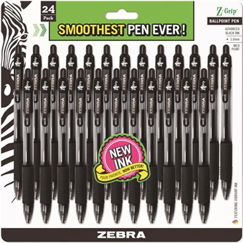 Zebra Pen Z-Grip Retractable Ballpoint Pen Medium 1 mm, Black Ink Clear Barrel