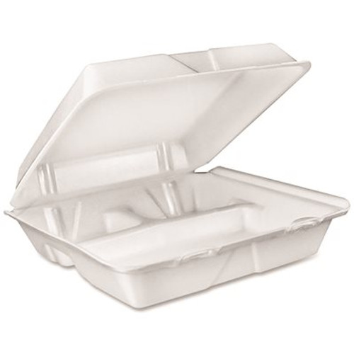 DART 9 in. x 9 in. White 3-Compartments Closing Foam Carryout Tray