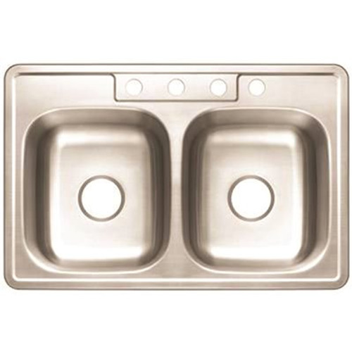 Premier Drop-In Stainless Steel Kitchen Sink 33 in. 4-Hole Double Bowl Kitchen Sink with Brush Finish