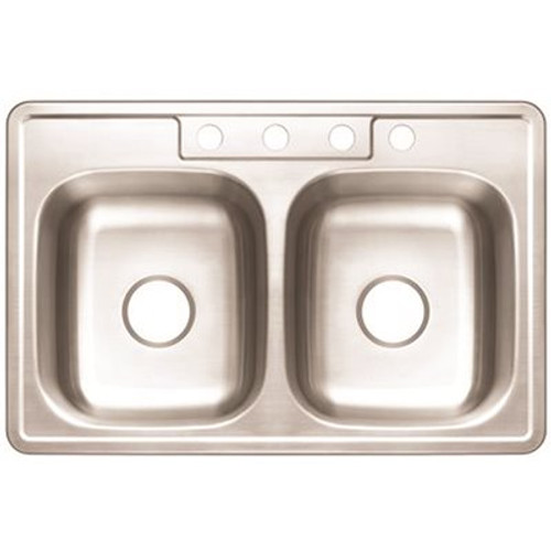 Premier Stainless Steel Kitchen Sink 33 in. 4-Hole Double Bowl Drop-In Kitchen Sink with Brush Finish