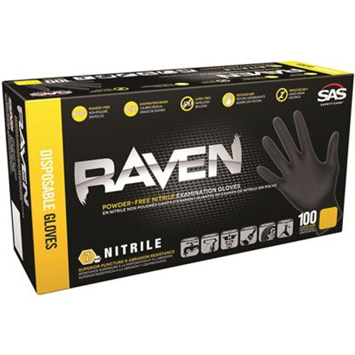 SAS Raven 7 Mil Nitrile Powder-Free Disposable Gloves, Medium (100 Gloves/Box)