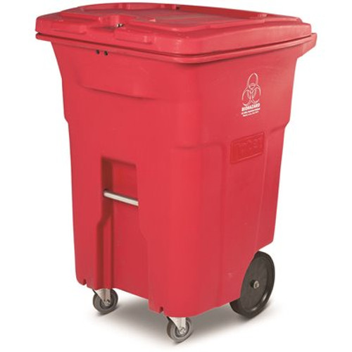Toter 96 Gal. Red Hazardous Waste Trash Can with Wheels and Lid Lock (2 Caster Wheels 2 Stationary Wheels)