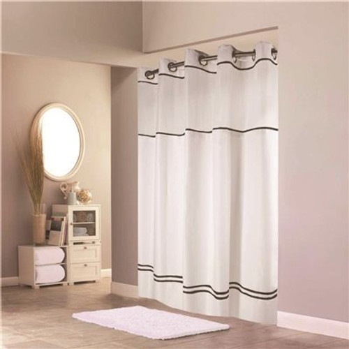 Hookless Escape 71 in. x 74 in. White Shower Curtain with Liner Black Stripe (12 per case)