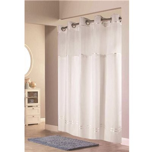 Hookless Escape 71 in. x 74 in. White with White Stripe Shower Curtain with Snap In Liner (12 per Case)