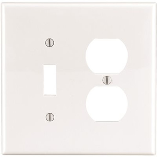 LEVITON LEVITON COMBINATION TOGGLE SWITCH AND DUPLEX RECEPTACLE WALLPLATE, 2-GANG, MIDWAY SIZE, THERMOPLASTIC NYLON, WHITE