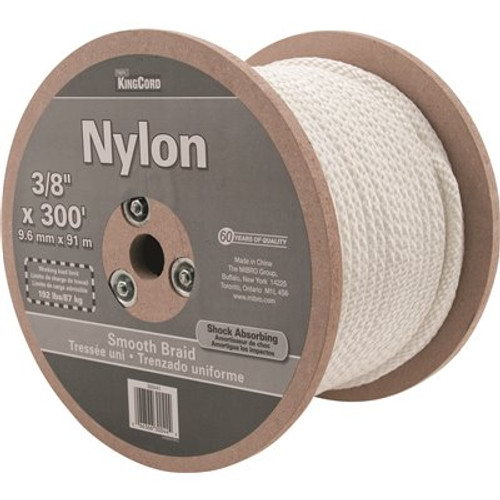 KingCord 3/8 in. x 300 ft. White Smooth Braid Nylon Rope - 192 lbs Safe Work Load - Reeled