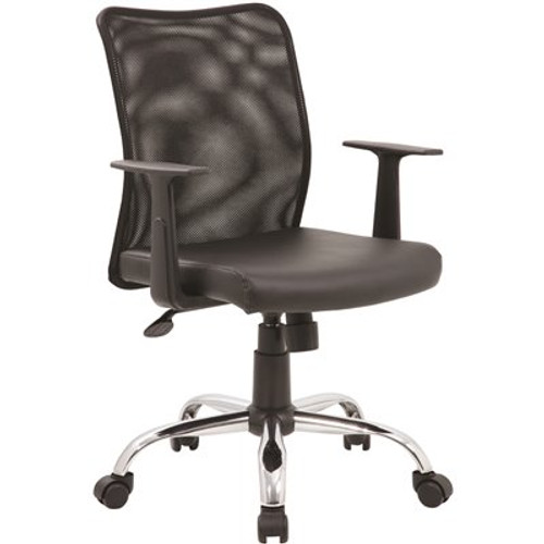 BOSS Office Products Black Mesh Black Vinyl Seat Chrome Base T-Arms Pneumatic Lift Mesh Task Chair