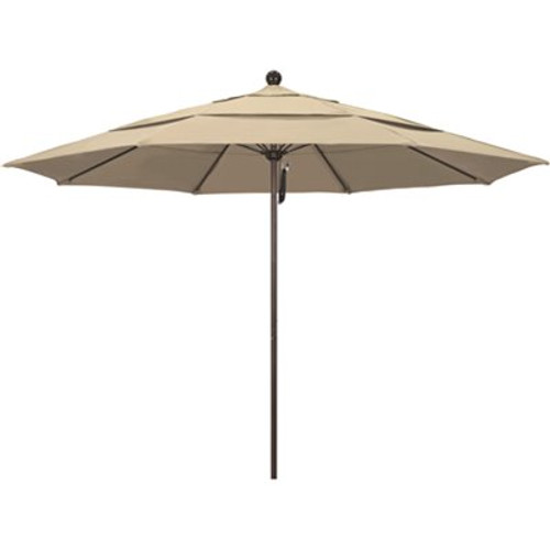 11 ft. Bronze Aluminum Commercial Market Patio Umbrella with Fiberglass Ribs and Pulley Lift in Antique Beige Sunbrella