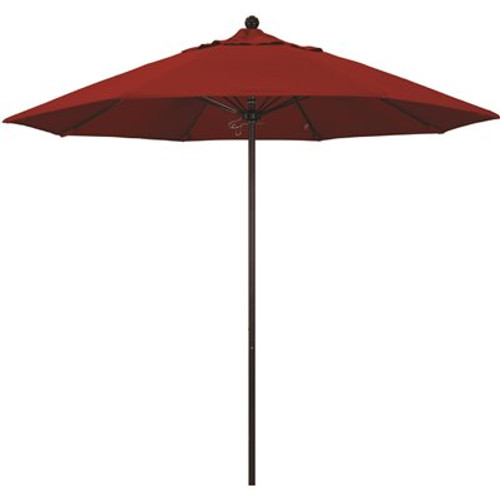 9 ft. Bronze Aluminum Commercial Market Patio Umbrella with Fiberglass Ribs and Push Lift in Jockey Red Sunbrella