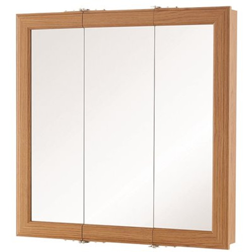 24 in. W x 24-3/16 in. H Fog Free Framed Surface-Mount Tri-View Bathroom Medicine Cabinet in Oak with Mirror