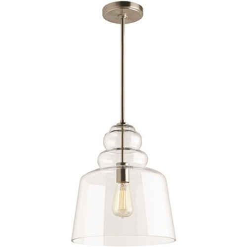 Agatha 12.5 in. W x 14.75 in. H 1-Light Clear Glass Hanging Pendant with Brushed Nickel Accents and Vintage Edison Bulb