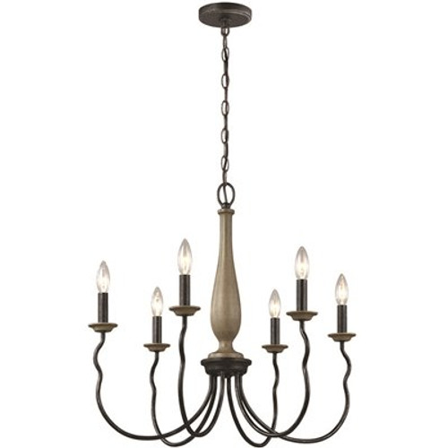 Simira 6-Light Weathered Gray Classic Rustic Farmhouse Hanging Candlestick Chandelier with Distressed Oak Finish Accents