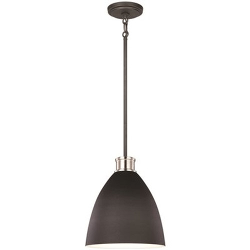 Varus 10.5 in. W 1-Light Matte Black Metal Modern Industrial Pendant with Brushed Nickel Accent and White Inner Shade